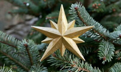 Festive Abstract Golden Star Christmas Tree Hat: Vibrant Holiday Celebration Symbol for Joyous Events and Seasonal Festivities. Elegant 4K Wallpaper Featuring Sparkling Decorative Element Perfect for 