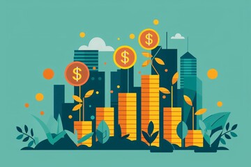 A vibrant cityscape with financial growth symbols, showcasing skyscrapers, dollar signs, and green plants for economic concepts.