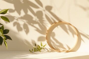 Minimalist wooden circular display with leaves shadow, raw photo
