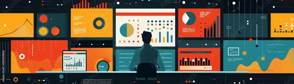 Poster a professional analyzing data on multiple screens, showcasing modern analytics and business intellig