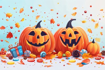 Smiling pumpkins surrounded by autumn leaves and colorful candies, creating a festive Halloween atmosphere.