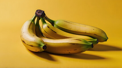 A bunch of ripe bananas placed on a bright yellow background, emphasizing their tropical appeal and cheerfulness.