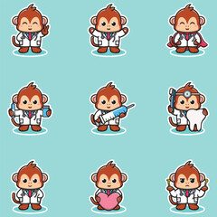Vector illustration of Cute Character Cartoon of Monkey Doctor. Monkey character different poses illustration. Flat Cartoon Style. Animal Health Concept. 