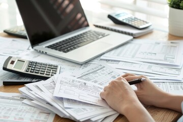 An accountant or tax advisor using a laptop to input data, with a stack of tax forms and a calculator on the desk