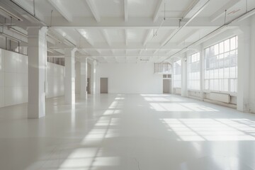 Empty modern white warehouse with a spacious interior and clean white background