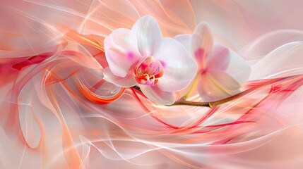   A close-up image of a white and pink flower on a pink and white background, with swirls and waves in the foreground