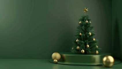 Christmas Tree With Gold Ornaments on Green Platform