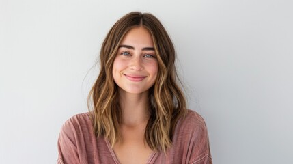 Fototapeta premium Beautiful woman presenting with a friendly smile, half-body shot against a solid white background with plenty of copy space