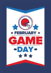 Game Day. American football playoff. Super Party in United States. Final game of regular season. Professional team championship. Ball for american football. Sport poster. Vector illustration