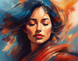 Portrait of a beautiful girl face with closed eyes and long black hair. vibrant colorful paint
