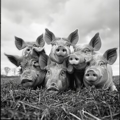 Five Piglets Huddle Together in a Field