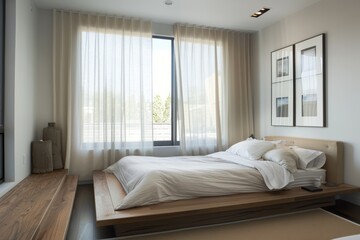 Cozy modern bedroom with a platform bed, neutral decor, and a large window