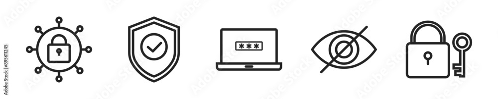 Poster security and protection icon set. set of 5 outline icons related to cybersecurity, passwords, warnin