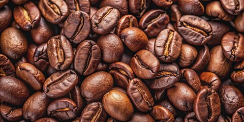 Fototapeta premium Close up view of dark brown roasted coffee beans, coffee, beans, roasted, dark brown, background, top view, close up, gourmet