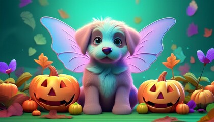 Obraz premium Puppy in a fairy costume, sitting on a pumpkin patch, and a whimsical Halloween background