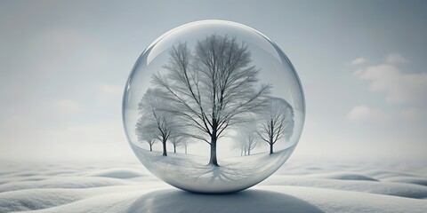 Minimalistic stock photo of grey trees and snow in a bubble, with striking contrast, minimalistic, grey trees, snow