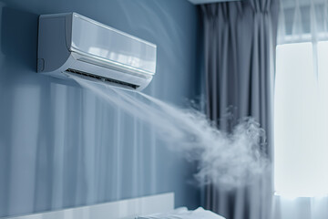Closeup of Blue and White Air Conditioner in Light Gray Bedroom, Air Flow Creating Snowflakes, Warm Soft Lighting, High-Definition Style