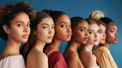 Fototapeta premium A line of women standing side by side, showing profiles, reflecting diversity and unity against a blue background with a confident and poised demeanor.