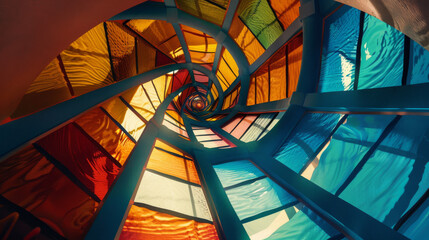 Fototapeta premium A mesmerizing view of spiraling, colorful stained-glass windows forming a vibrant, kaleidoscopic tunnel.