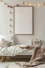 Cozy Bohemian Living Space with Cushion Arrangement and Blank Frame