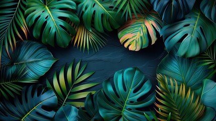 Naklejka premium Green leaves on black background with name space on left side