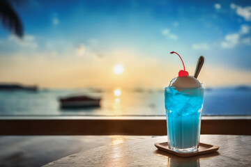 海とレトロな青いクリームソーダ