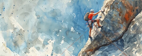 A watercolor painting of a rock climber scaling a challenging cliff face, their determination and focus evident in their every move.