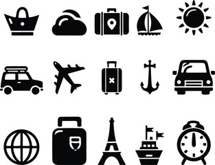 Pure Black Silhouette Design of Travel Icons on White Background