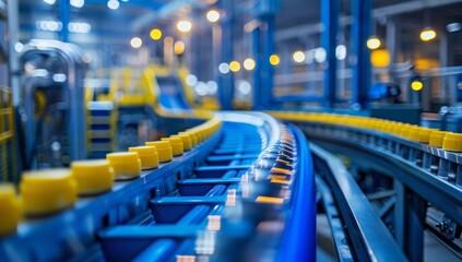 Conveyor belt in a modern factory, modern warehouse machinery. Automated Conveyor Belt Workflow in Distribution Warehouse for Efficient E Commerce Logistics