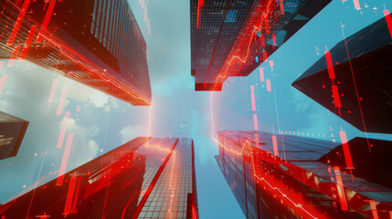 Skyscrapers enveloped in red data overlays, symbolizing the interplay between technology and the urban financial landscape.