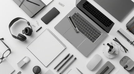 A flat lay of digital and analog office essentials neatly arranged on a white surface, highlighting modern workspace organization and productivity tools.