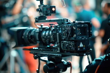 Fototapeta premium Video camera, videographer close up, cameraman, movie