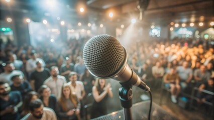 microphone close-up, blurry crowd of people in the background, concert vibe in club, microphone on stage, AI