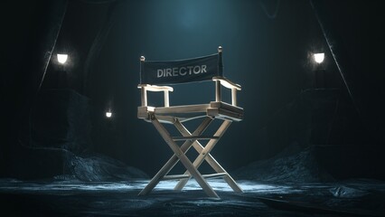 A directors chair placed in the dark environment 3d illustration, director chair image.