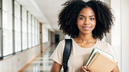 close-up girl student at the university with books in bright hallway ultrarealistic , college student with books, AI