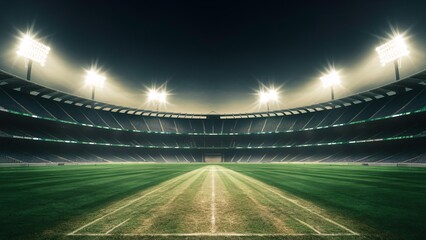 A Professional cricket sports background for advertisement, A Wide Perspective Spectacular sport cricket stadium with glowing floodlights and empty green grass field and pitch.