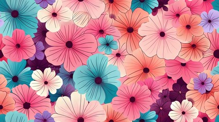   A vibrant bouquet of colored blossoms against a backdrop of blue and pink, featuring white and pink florals at its center
