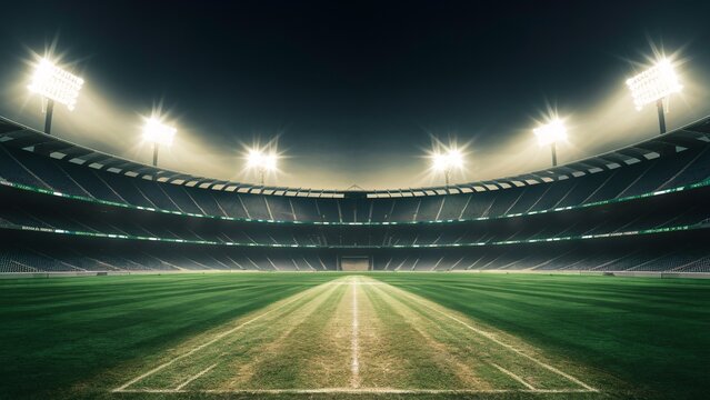 A Professional cricket sports background for advertisement, A Wide Perspective Spectacular sport cricket stadium with glowing floodlights and empty green grass field and pitch.