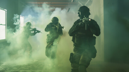 A team of armed forces soldiers in tactical gear moves through a smoke-filled room, depicting intensity, action, and military precision.