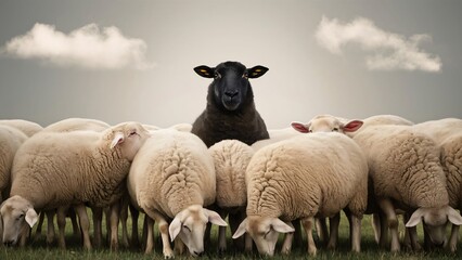 A black sheep among a flock of white sheep, raising head, Concept of standing out from the crowd, unique with its own identity, AI generated concept image.