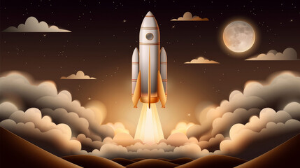 Obraz premium A vibrant illustration of a rocket launching against a night sky, surrounded by clouds and a glowing moon, symbolizing adventure.
