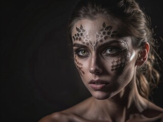 a stock photo of a model with creative makeup in a studio with dark lighting, AI, beautiful woman in studio