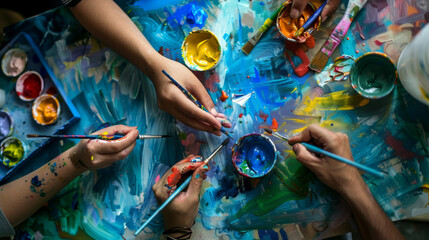 A group of hands holding paintbrushes collaborates on a vibrant and colorful painting, full of creativity and expression.