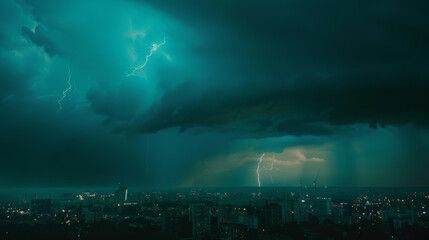 Dark clouds unleash powerful lightning over a cityscape at night, illuminating the scene with an electrifying and dramatic ambiance.