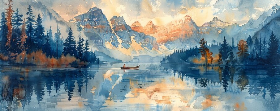 A watercolor painting of a serene mountain lake reflecting the towering peaks above, its surface shimmering with tranquility, while a lone canoe drifts peacefully across the water.