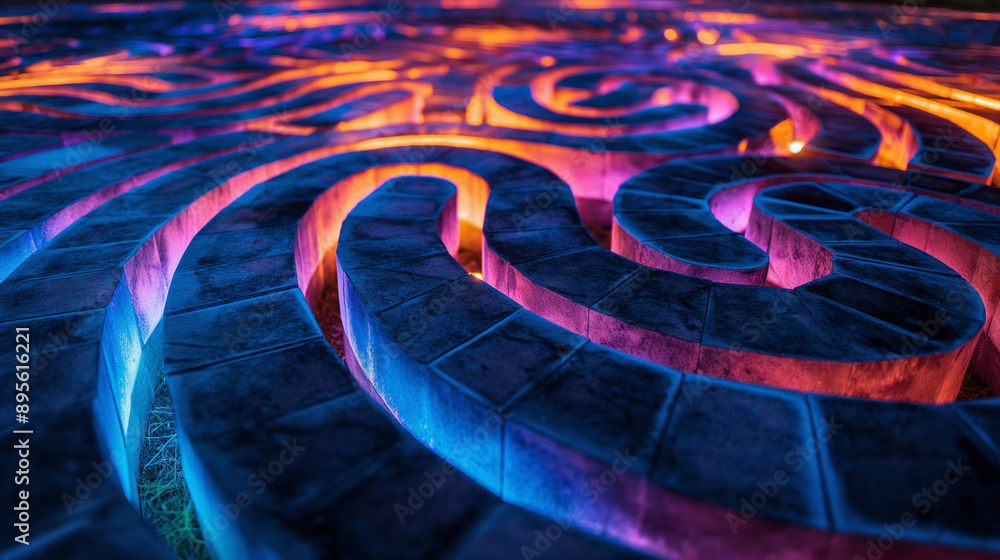 Poster neon maze: a mesmerizing labyrinth of illuminated pathways, inviting exploration and symbolizing the