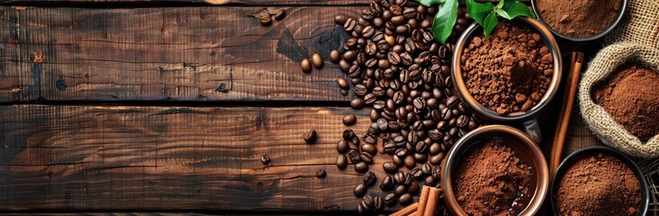 Fototapeta premium Coffee and Cocoa Beans and Powder on Wooden Background
