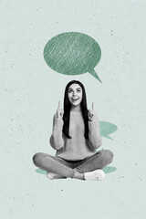 Collage sketch artwork of cheerful nice woman presenting poster empty space isolated on drawing...