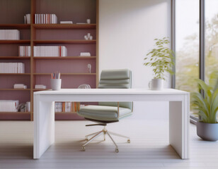 Fototapeta premium White office interior with a bookcase, chair and plant in pot. 3d rendering mock up