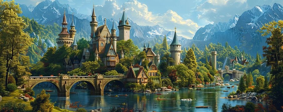 A whimsical fairy tale kingdom filled with castles, knights, and dragons, where magic is around every corner.